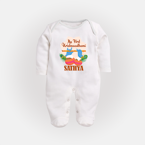 My Little Krishna's First Krishnashtami Sleep Suit/Full Sleeve Body Suit | Custom Baby Outfit for Krishna's Day - WHITE - New Born (Chest 7.5")