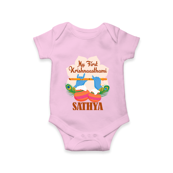 My Little Krishna's First Krishnashtami Romper/Onesie | Custom Baby Outfit for Krishna's Day - BABY PINK - New Born (Chest 14")