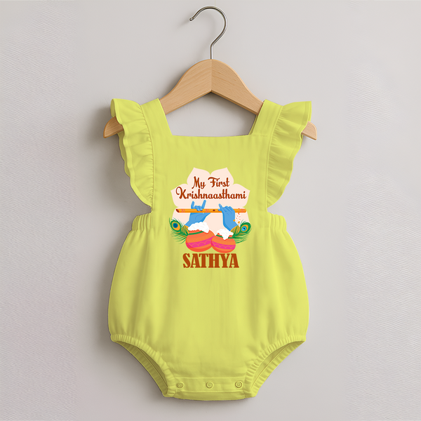 My Little Krishna's First Krishnashtami Romper Frock | Custom Baby Outfit for Krishna's Day - PASTEL YELLOW - 0 - 3 Months Old (Chest 19")