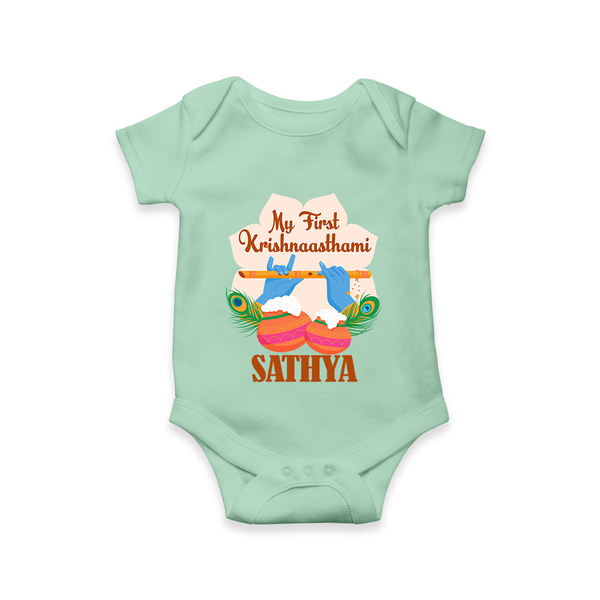 My Little Krishna's First Krishnashtami Romper/Onesie | Custom Baby Outfit for Krishna's Day - MINT GREEN - New Born (Chest 14")