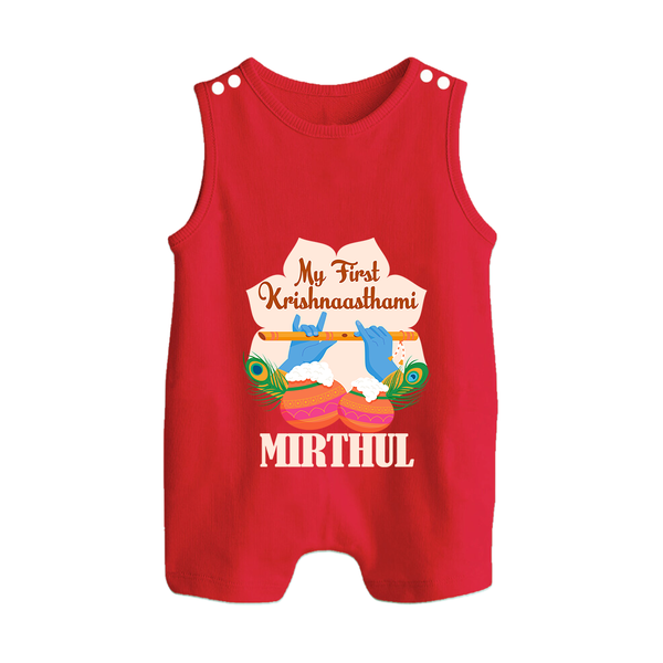 My Little Krishna's First Krishnashtami Romper Suit/Sleeveless Romper | Custom Baby Outfit for Krishna's Day - RED - 0 - 5 Months Old (Chest 18")