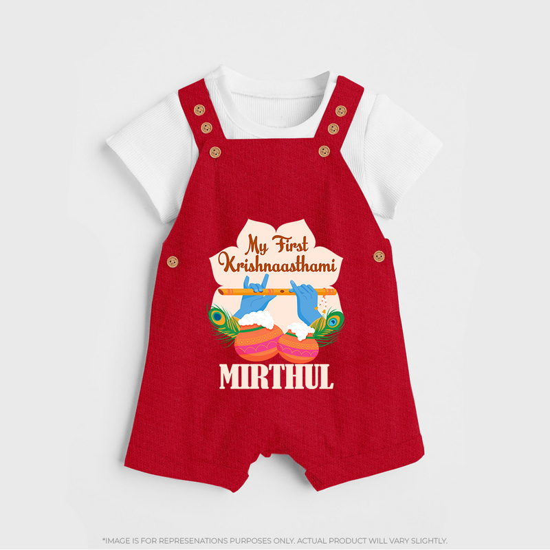 My Little Krishna's First Krishnashtami Dungaree Set | Custom Baby Outfit for Krishna's Day - RED - 0 - 5 Months Old (Chest 18")