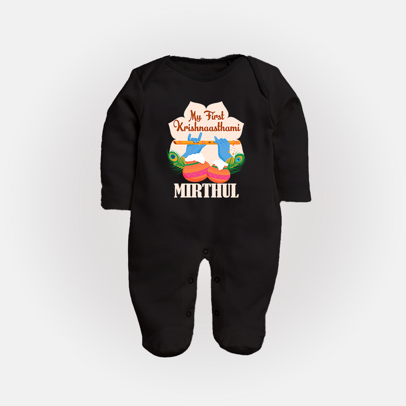 My Little Krishna's First Krishnashtami Sleep Suit/Full Sleeve Body Suit | Custom Baby Outfit for Krishna's Day - BLACK - New Born (Chest 7.5")