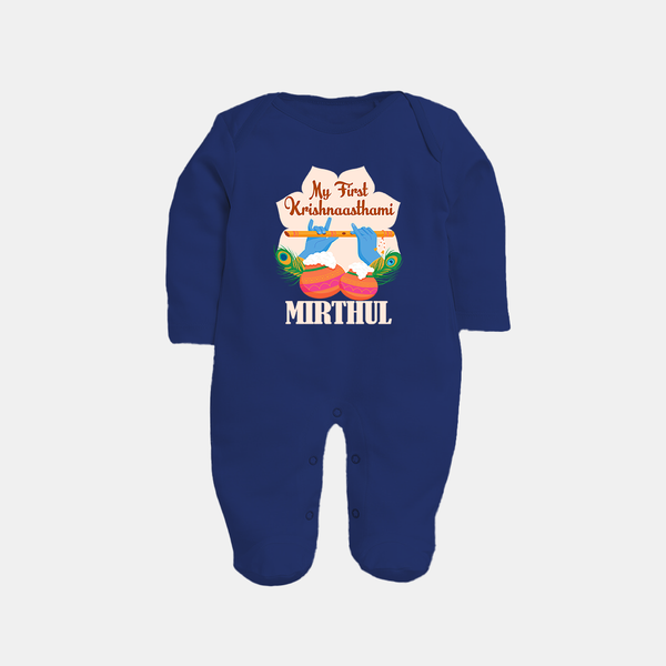 My Little Krishna's First Krishnashtami Sleep Suit/Full Sleeve Body Suit | Custom Baby Outfit for Krishna's Day - NAVY BLUE - New Born (Chest 7.5")