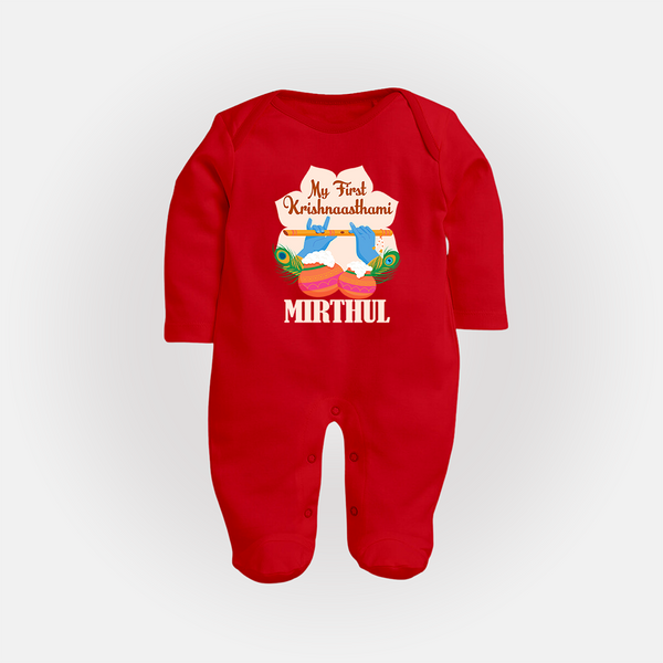 My Little Krishna's First Krishnashtami Sleep Suit/Full Sleeve Body Suit | Custom Baby Outfit for Krishna's Day - RED - New Born (Chest 7.5")