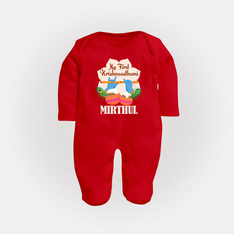 My Little Krishna's First Krishnashtami Sleep Suit/Full Sleeve Body Suit | Custom Baby Outfit for Krishna's Day - RED - New Born (Chest 7.5")