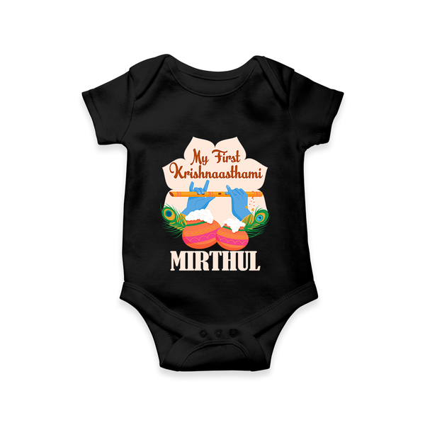 My Little Krishna's First Krishnashtami Romper/Onesie | Custom Baby Outfit for Krishna's Day - BLACK - New Born (Chest 14")