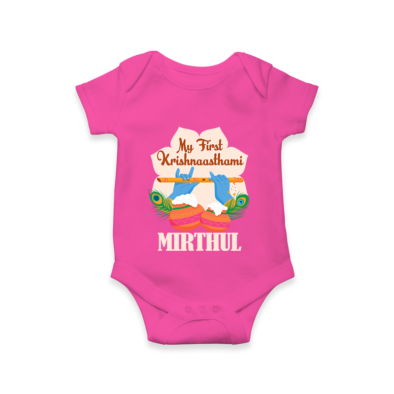My Little Krishna's First Krishnashtami Romper/Onesie | Custom Baby Outfit for Krishna's Day - HOT PINK - New Born (Chest 14")