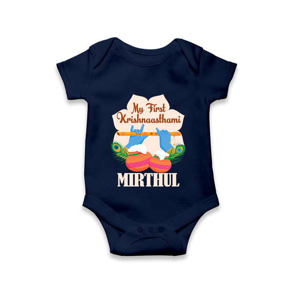 My Little Krishna's First Krishnashtami Romper/Onesie | Custom Baby Outfit for Krishna's Day - NAVY BLUE - New Born (Chest 14")