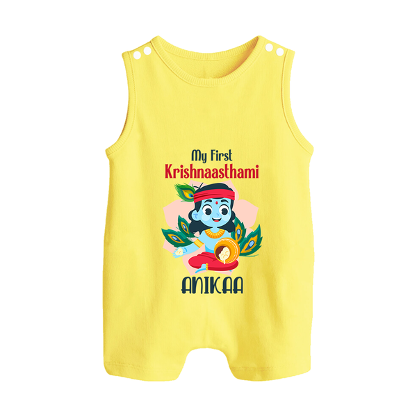 My First Krishnashtami Special Romper Suit/Sleeveless Romper | Custom Baby Romper Suit/Sleeveless Romper for the Festival - PASTEL YELLOW - 0 - 5 Months Old (Chest 18")