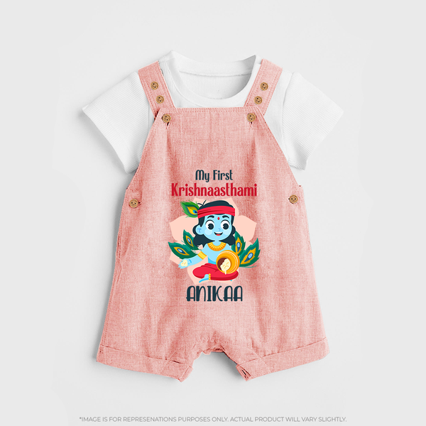 My First Krishnashtami Special Dungaree Set | Custom Baby Dungaree Set for the Festival - PEACH - 0 - 5 Months Old (Chest 18")