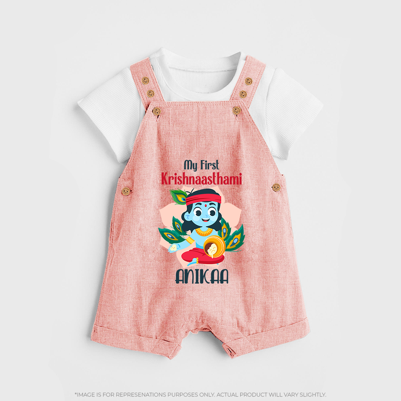 My First Krishnashtami Special Dungaree Set | Custom Baby Dungaree Set for the Festival - PEACH - 0 - 5 Months Old (Chest 18")