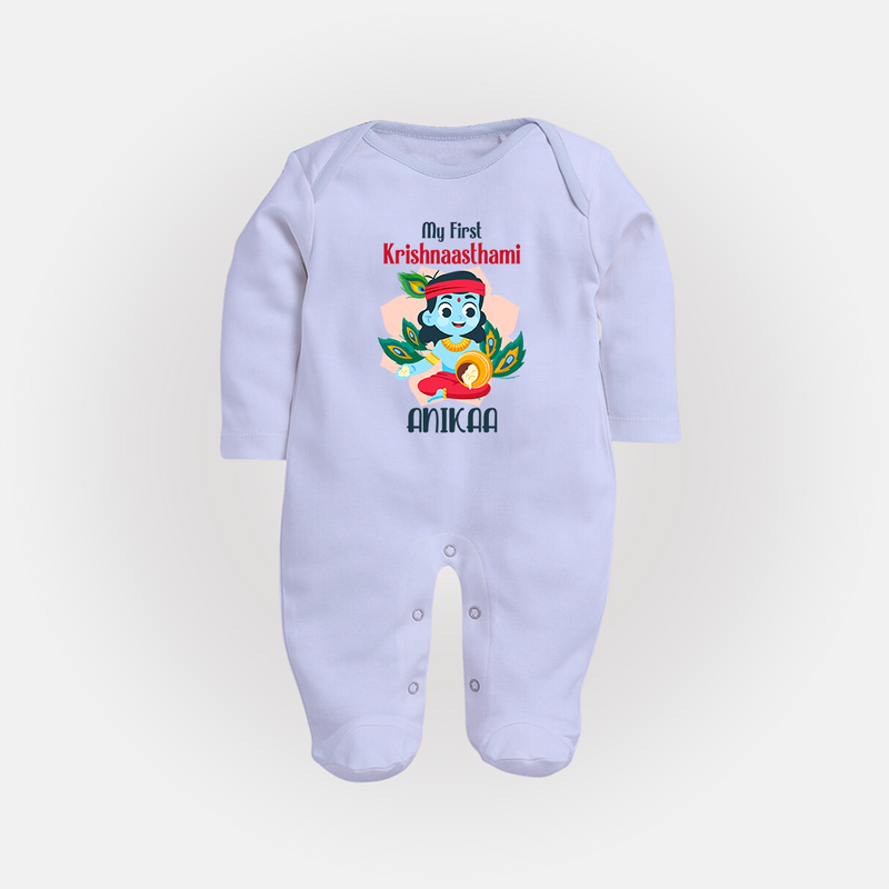 My First Krishnashtami Special Sleep Suit/Full Sleeve Body Suit | Custom Baby Sleep Suit/Full Sleeve Body Suit for the Festival - BABY BLUE - New Born (Chest 7.5")