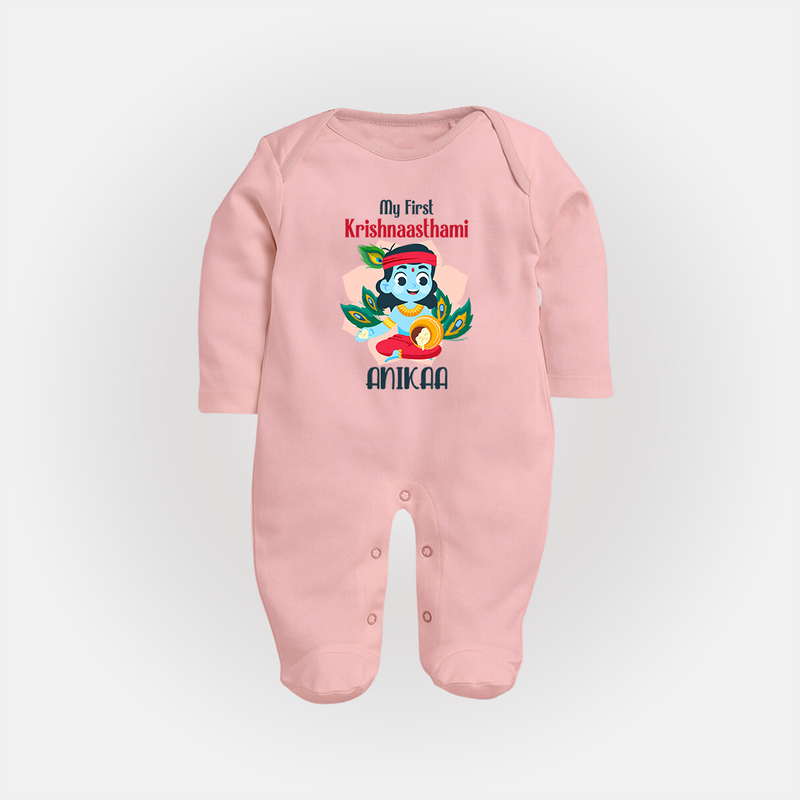 My First Krishnashtami Special Sleep Suit/Full Sleeve Body Suit | Custom Baby Sleep Suit/Full Sleeve Body Suit for the Festival - BABY PINK - New Born (Chest 7.5")
