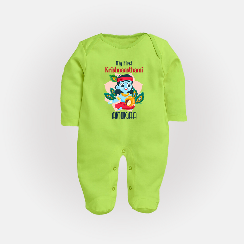 My First Krishnashtami Special Sleep Suit/Full Sleeve Body Suit | Custom Baby Sleep Suit/Full Sleeve Body Suit for the Festival - LIME GREEN - New Born (Chest 7.5")