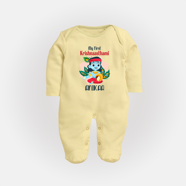 My First Krishnashtami Special Sleep Suit/Full Sleeve Body Suit | Custom Baby Sleep Suit/Full Sleeve Body Suit for the Festival - PASTEL YELLOW - New Born (Chest 7.5")