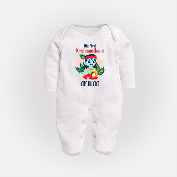 My First Krishnashtami Special Sleep Suit/Full Sleeve Body Suit | Custom Baby Sleep Suit/Full Sleeve Body Suit for the Festival - WHITE - New Born (Chest 7.5")
