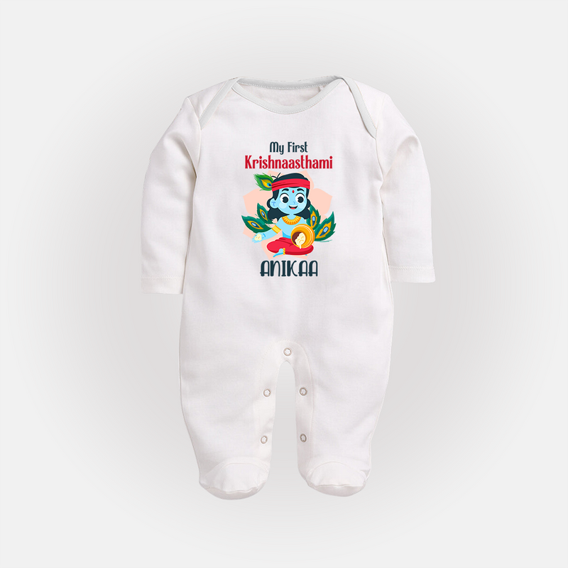 My First Krishnashtami Special Sleep Suit/Full Sleeve Body Suit | Custom Baby Sleep Suit/Full Sleeve Body Suit for the Festival - WHITE - New Born (Chest 7.5")