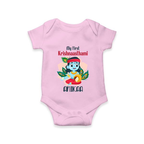 My First Krishnashtami Special Romper/Onesie | Custom Baby Romper/Onesie for the Festival - BABY PINK - New Born (Chest 14")
