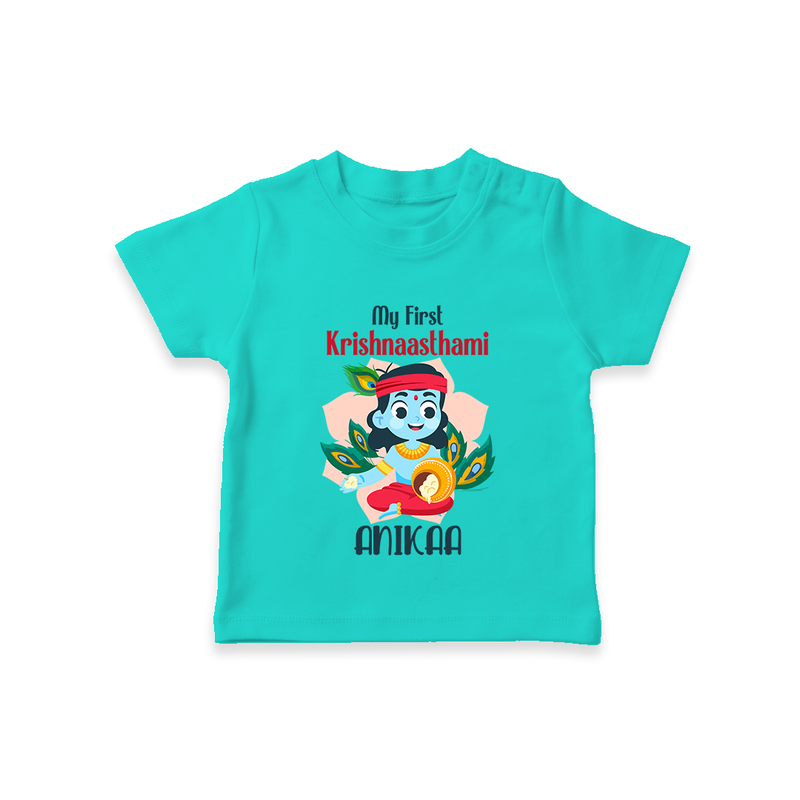 My First Krishnashtami Special T-shirt | Custom Baby T-shirt for the Festival - TEAL - 0-5 Months Old (Chest 17")