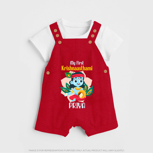My First Krishnashtami Special Dungaree Set | Custom Baby Dungaree Set for the Festival - RED - 0 - 5 Months Old (Chest 18")
