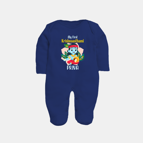 My First Krishnashtami Special Sleep Suit/Full Sleeve Body Suit | Custom Baby Sleep Suit/Full Sleeve Body Suit for the Festival - NAVY BLUE - New Born (Chest 7.5")