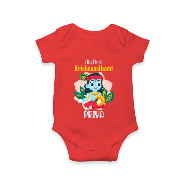 My First Krishnashtami Special Romper/Onesie | Custom Baby Romper/Onesie for the Festival - RED - New Born (Chest 14")