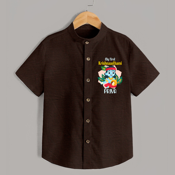 My First Krishnashtami Special Shirt | Custom Baby Shirt for the Festival - CHOCOLATE BROWN - 0 - 6 Months Old (Chest 23")