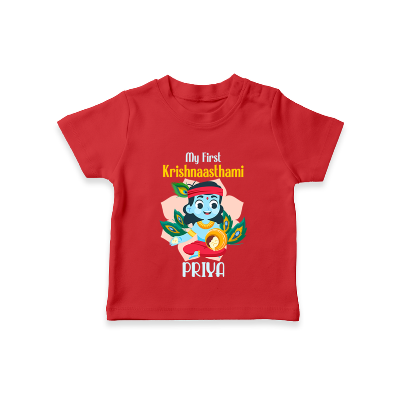 My First Krishnashtami Special T-shirt | Custom Baby T-shirt for the Festival - RED - 0-5 Months Old (Chest 17")