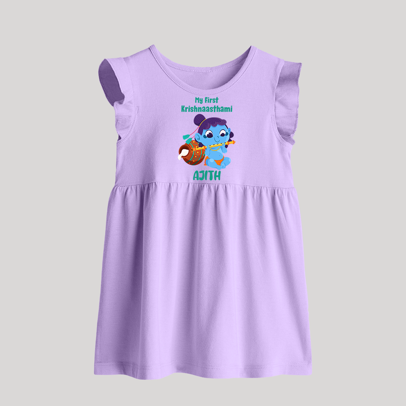 Krishna's Little Devotee My First Krishnashtami Baby Frock | Personalized Baby Outfit - LILAC - 0 - 3 Months Old (Chest 17")