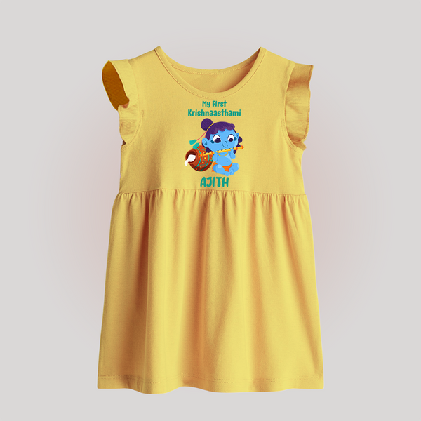 Krishna's Little Devotee My First Krishnashtami Baby Frock | Personalized Baby Outfit - PASTEL YELLOW - 0 - 3 Months Old (Chest 17")