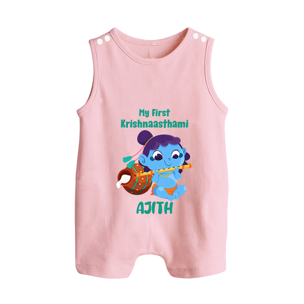Krishna's Little Devotee My First Krishnashtami Romper Suit/Sleeveless Romper | Personalized Baby Outfit - BABY PINK - 0 - 5 Months Old (Chest 18")