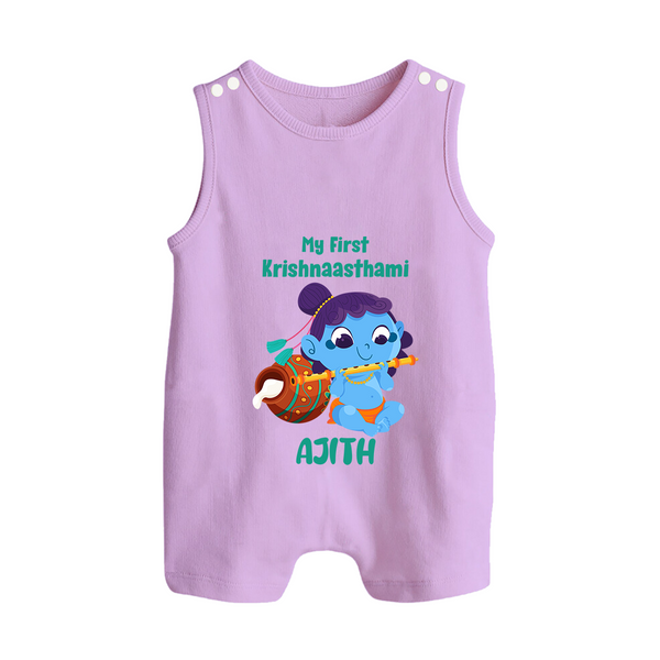 Krishna's Little Devotee My First Krishnashtami Romper Suit/Sleeveless Romper | Personalized Baby Outfit - LILAC - 0 - 5 Months Old (Chest 18")