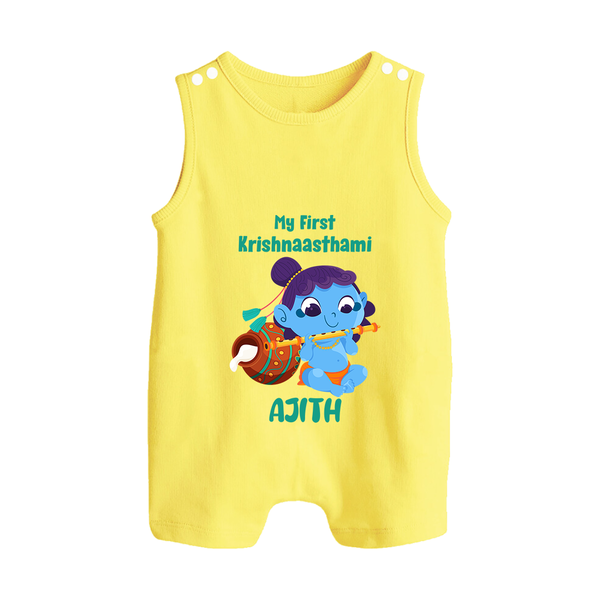 Krishna's Little Devotee My First Krishnashtami Romper Suit/Sleeveless Romper | Personalized Baby Outfit - PASTEL YELLOW - 0 - 5 Months Old (Chest 18")