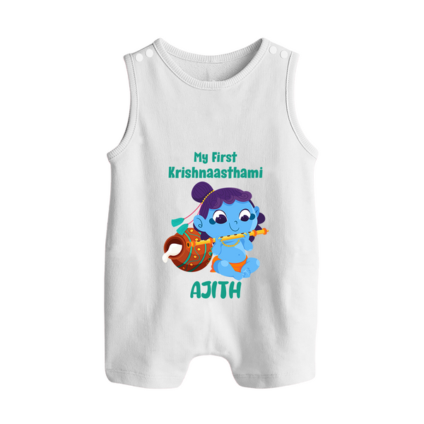 Krishna's Little Devotee My First Krishnashtami Romper Suit/Sleeveless Romper | Personalized Baby Outfit - WHITE - 0 - 5 Months Old (Chest 18")