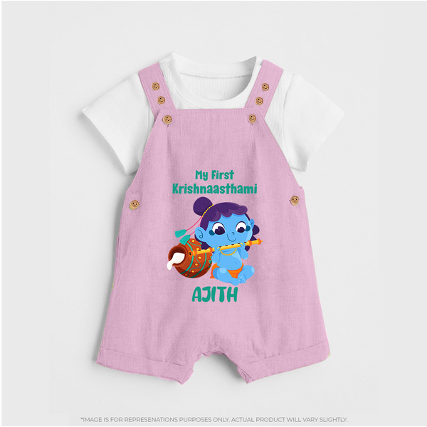 Krishna's Little Devotee My First Krishnashtami Dungaree Set | Personalized Baby Outfit - BABY PINK - 0 - 5 Months Old (Chest 18")