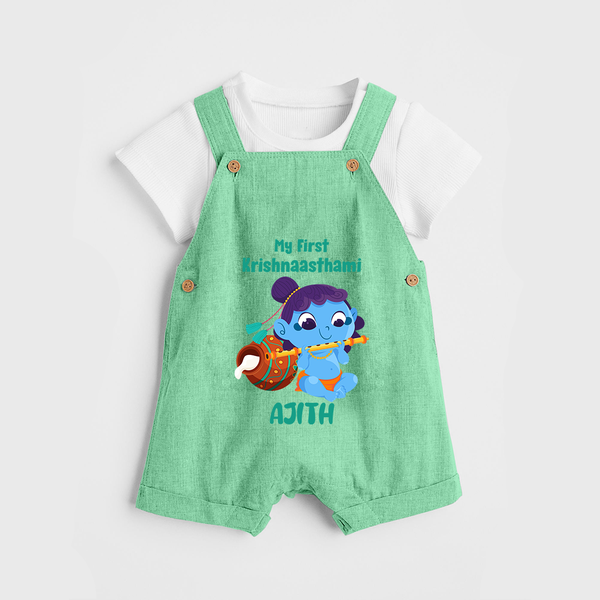 Krishna's Little Devotee My First Krishnashtami Dungaree Set | Personalized Baby Outfit - GREEN - 0 - 5 Months Old (Chest 18")