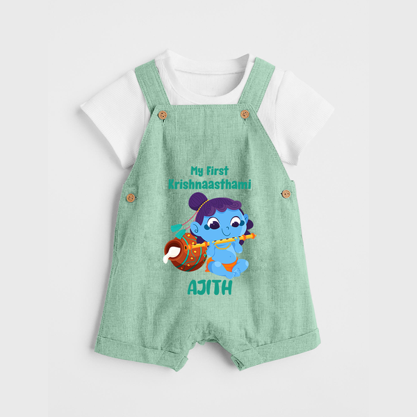 Krishna's Little Devotee My First Krishnashtami Dungaree Set | Personalized Baby Outfit - MINT GREEN - 0 - 5 Months Old (Chest 18")