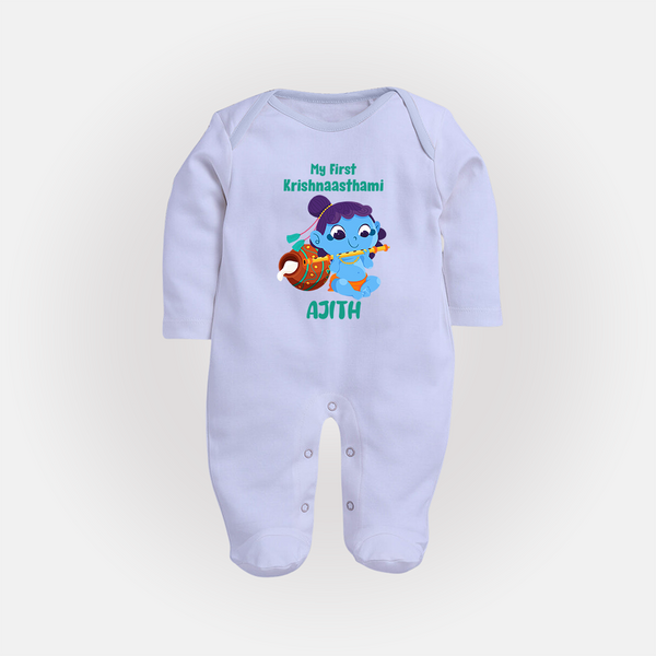 Krishna's Little Devotee My First Krishnashtami Sleep Suit/Full Sleeve Body Suit | Personalized Baby Outfit - BABY BLUE - New Born (Chest 7.5")