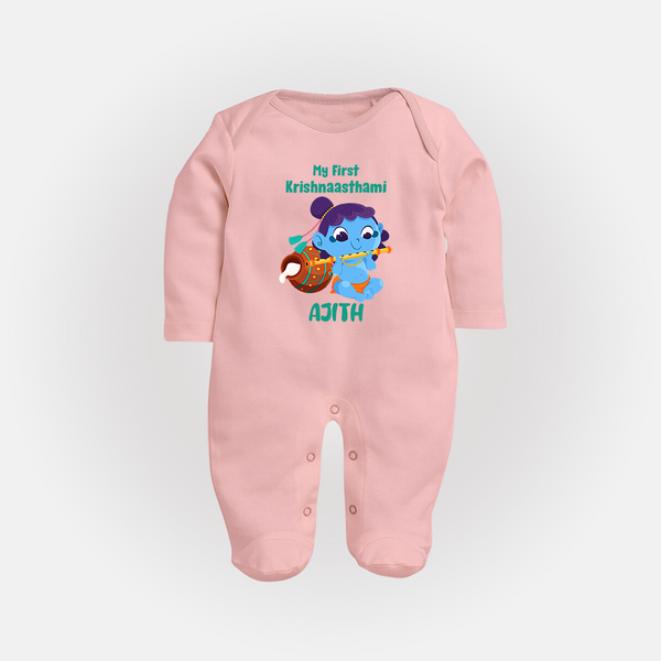Krishna's Little Devotee My First Krishnashtami Sleep Suit/Full Sleeve Body Suit | Personalized Baby Outfit - BABY PINK - New Born (Chest 7.5")