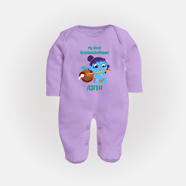 Krishna's Little Devotee My First Krishnashtami Sleep Suit/Full Sleeve Body Suit | Personalized Baby Outfit - LILAC - New Born (Chest 7.5")