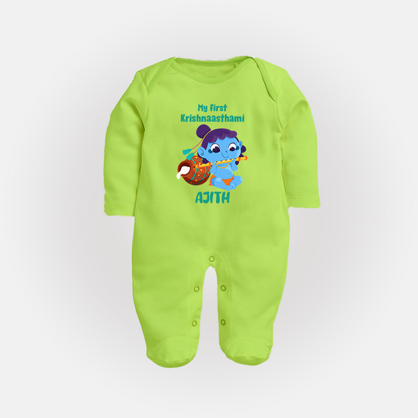 Krishna's Little Devotee My First Krishnashtami Sleep Suit/Full Sleeve Body Suit | Personalized Baby Outfit - LIME GREEN - New Born (Chest 7.5")