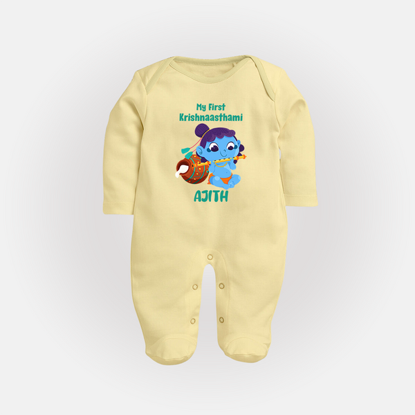Krishna's Little Devotee My First Krishnashtami Sleep Suit/Full Sleeve Body Suit | Personalized Baby Outfit - PASTEL YELLOW - New Born (Chest 7.5")