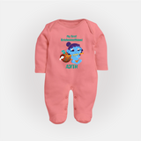 Krishna's Little Devotee My First Krishnashtami Sleep Suit/Full Sleeve Body Suit | Personalized Baby Outfit - PEACH - New Born (Chest 7.5")