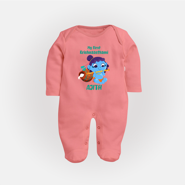 Krishna's Little Devotee My First Krishnashtami Sleep Suit/Full Sleeve Body Suit | Personalized Baby Outfit - PEACH - New Born (Chest 7.5")