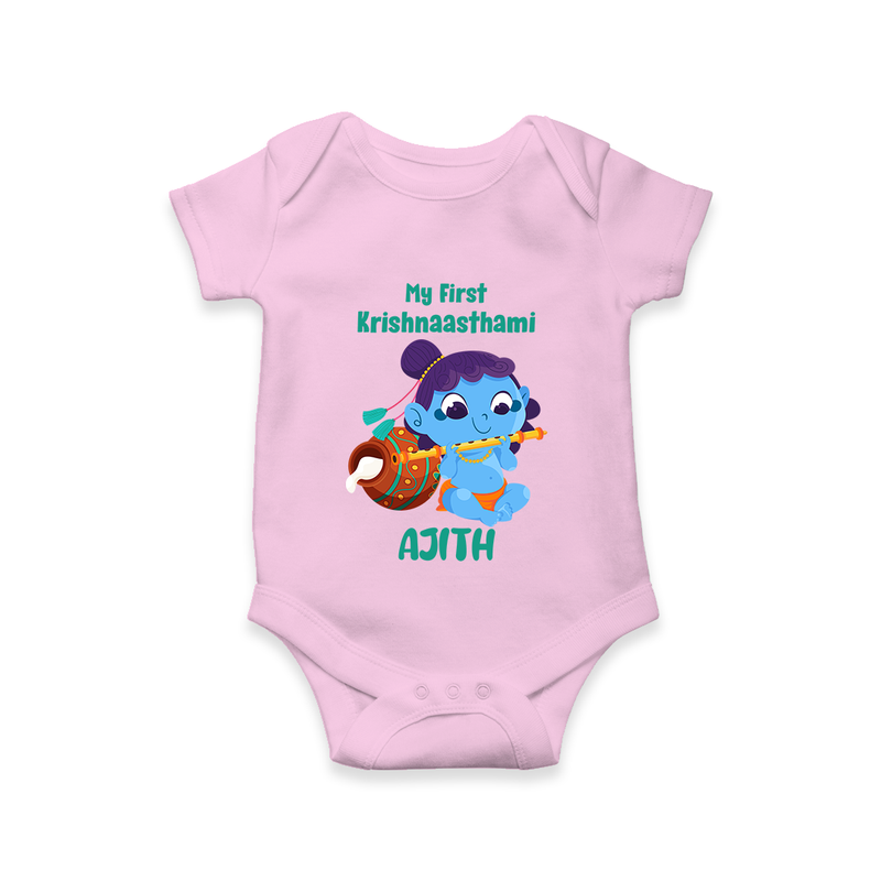 Krishna's Little Devotee My First Krishnashtami Romper/Onesie | Personalized Baby Outfit - BABY PINK - New Born (Chest 14")