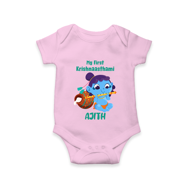 Krishna's Little Devotee My First Krishnashtami Romper/Onesie | Personalized Baby Outfit - BABY PINK - New Born (Chest 14")