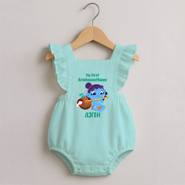 Krishna's Little Devotee My First Krishnashtami Romper Frock | Personalized Baby Outfit - MINT GREEN - 0 - 3 Months Old (Chest 19")