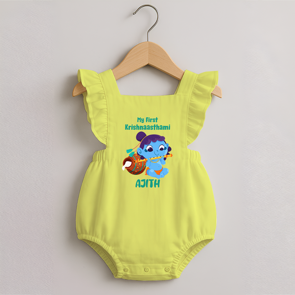Krishna's Little Devotee My First Krishnashtami Romper Frock | Personalized Baby Outfit - PASTEL YELLOW - 0 - 3 Months Old (Chest 19")