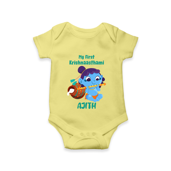 Krishna's Little Devotee My First Krishnashtami Romper/Onesie | Personalized Baby Outfit - PASTEL YELLOW - New Born (Chest 14")